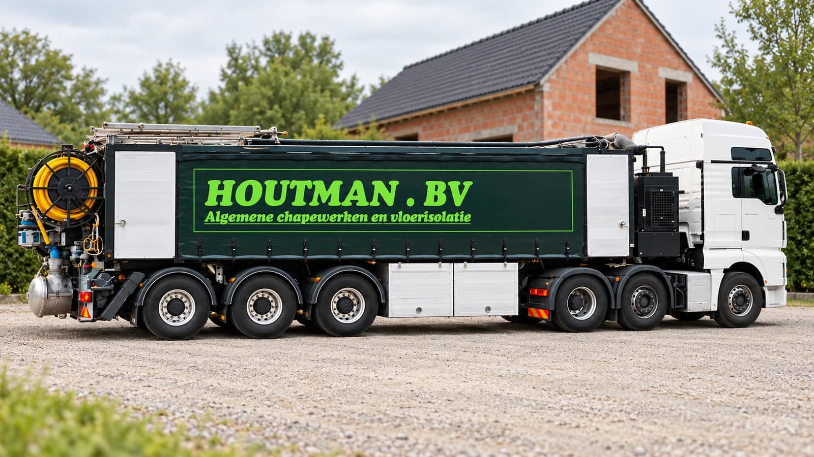 De Houtman-vrachtwagen in zijaanzicht met een samengestelde werfachtergrond